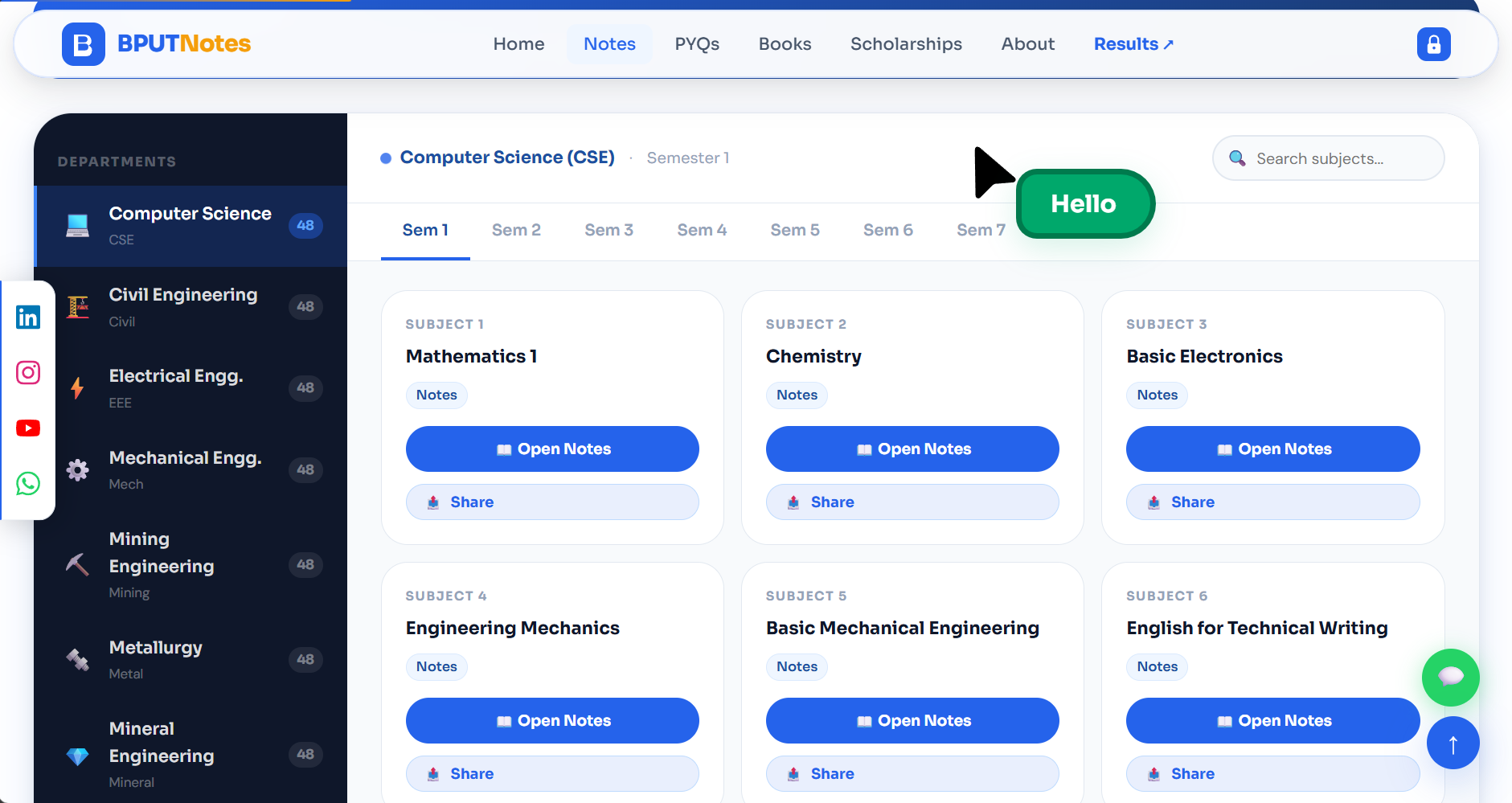 BPUTNotes home page showing branch and semester shortcuts